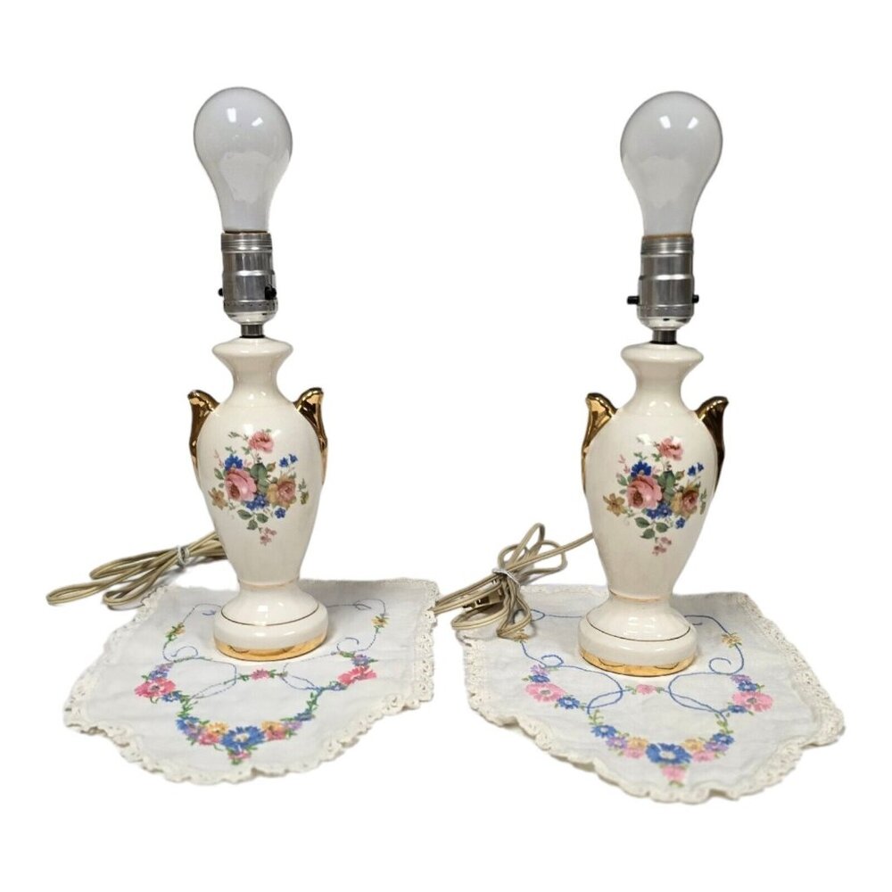 Vintage Leviton Table Lamp Set Victorian Boudoir Ceramic Floral 14.5" Tall